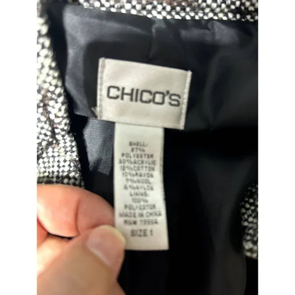 Sophisticated Chico's Blazer Jacket Size 1 Black, Brown, and White Tweed - Picture 4 of 4